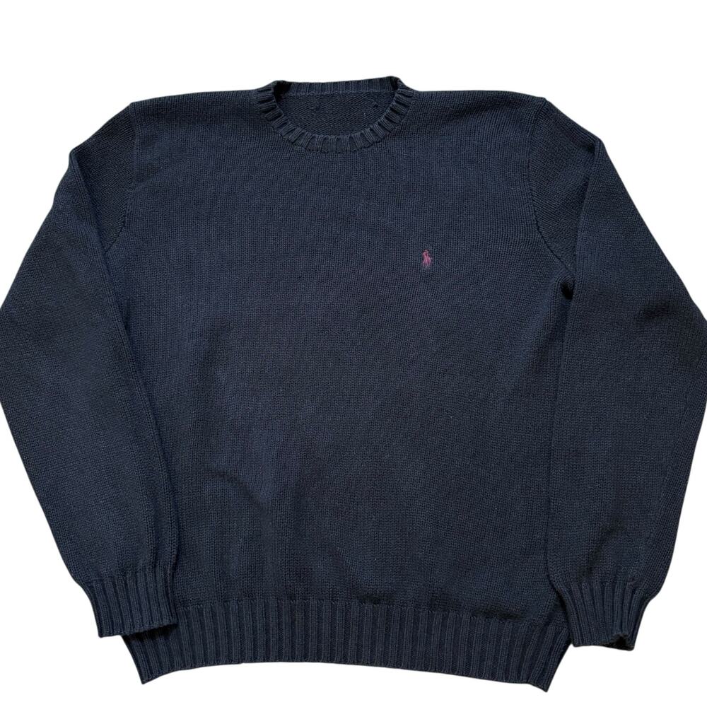 Polo Ralph Lauren Black Crew Neck Sweater 100% Cotton Men's Large Burgundy Pony